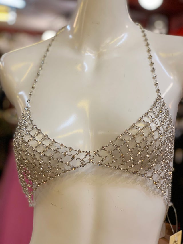 Silver handmade rhinestone chain bra, body jewelry